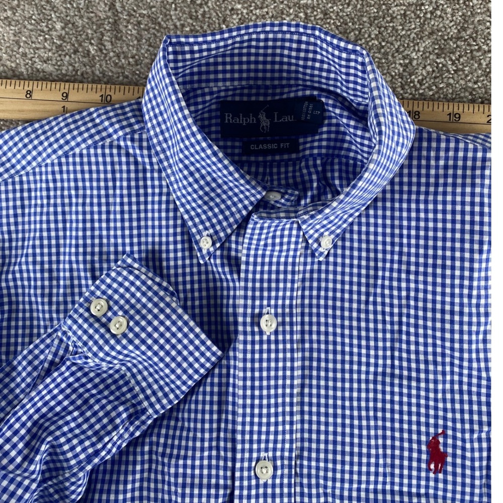 Polo Ralph Lauren Mens M Classic Blue White Gingham Cotton Red Pony Shirt 15